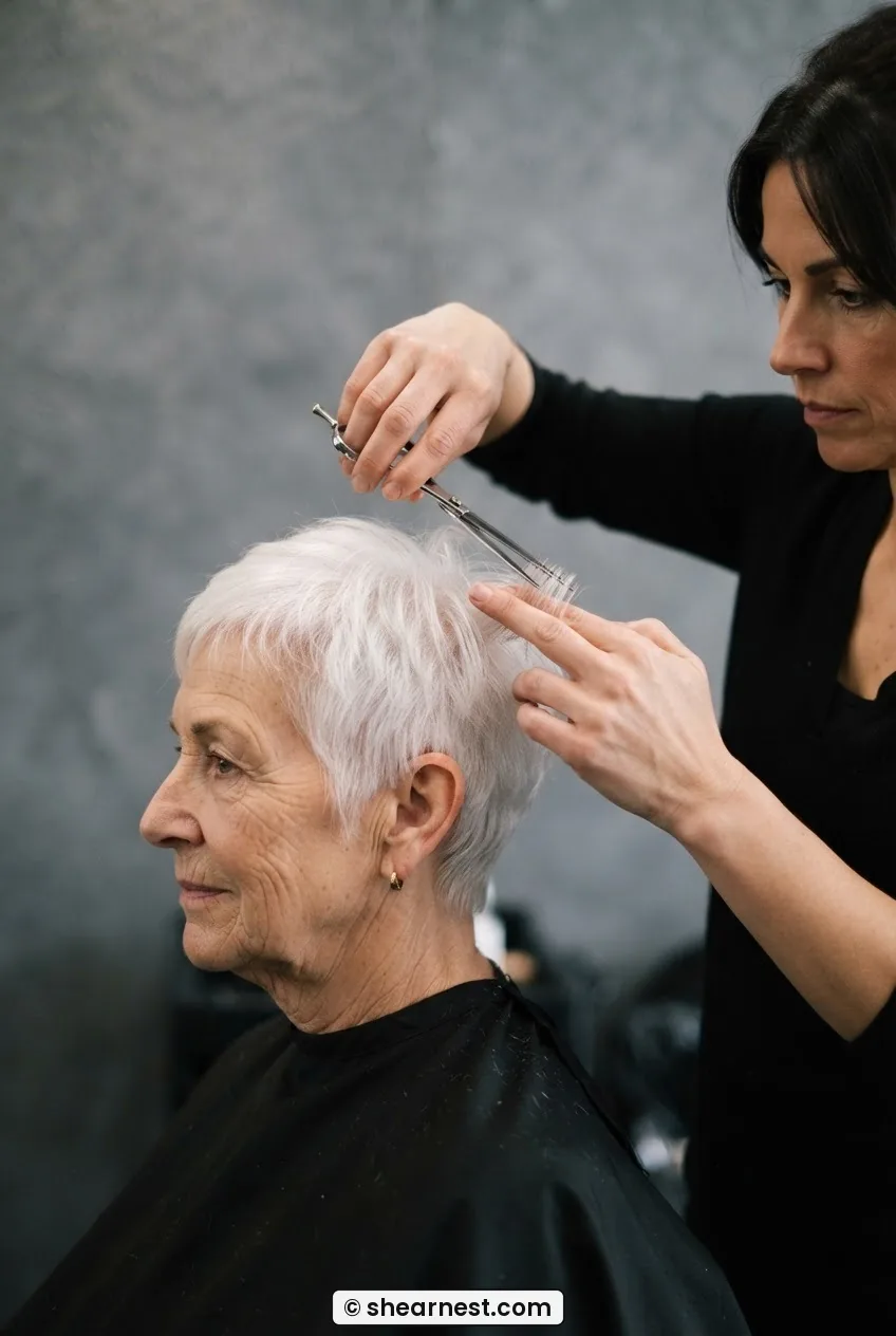 Hairstylist holding crown section between fingers and cutting with shears horizontally at one-inch length on white pixie