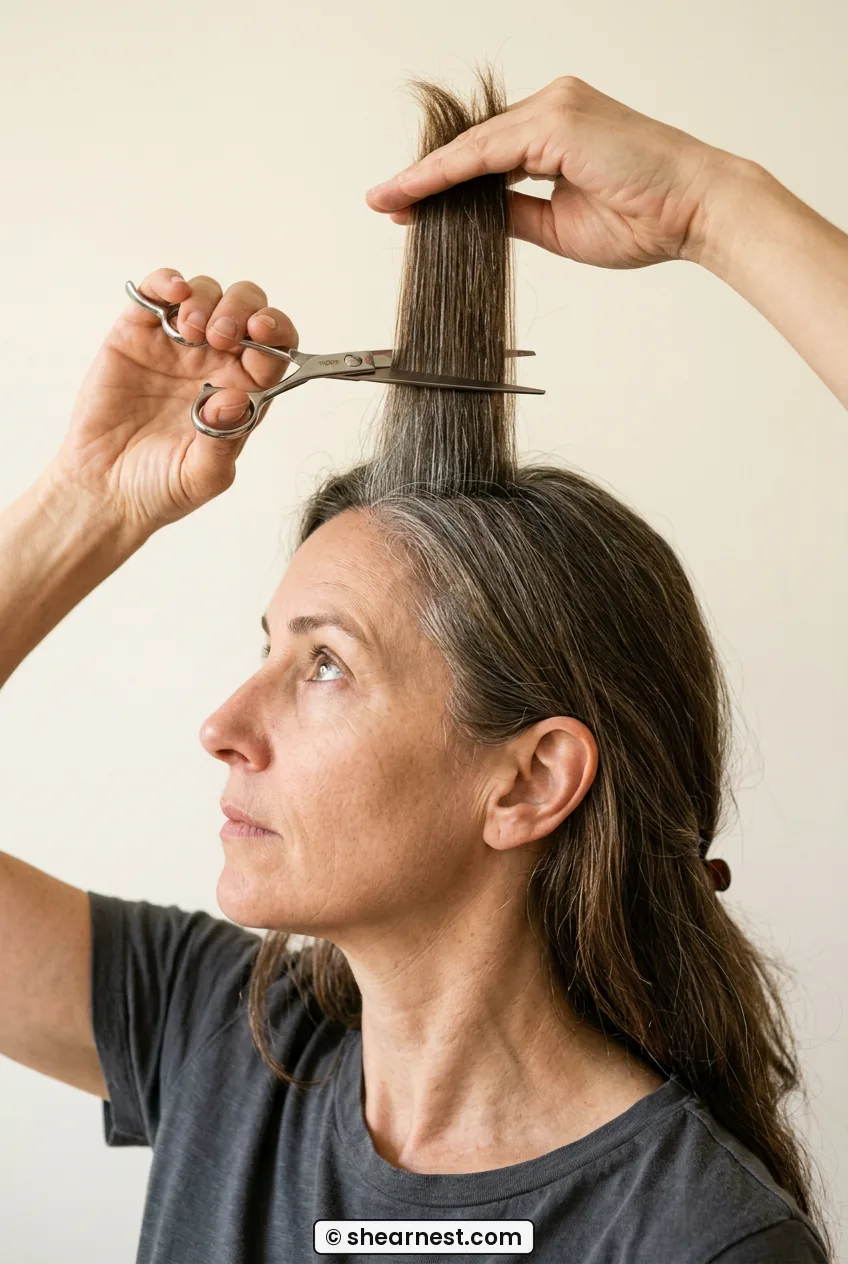 Woman holding crown section of long brown hair straight up at 90 degrees with scissors positioned horizontally across it