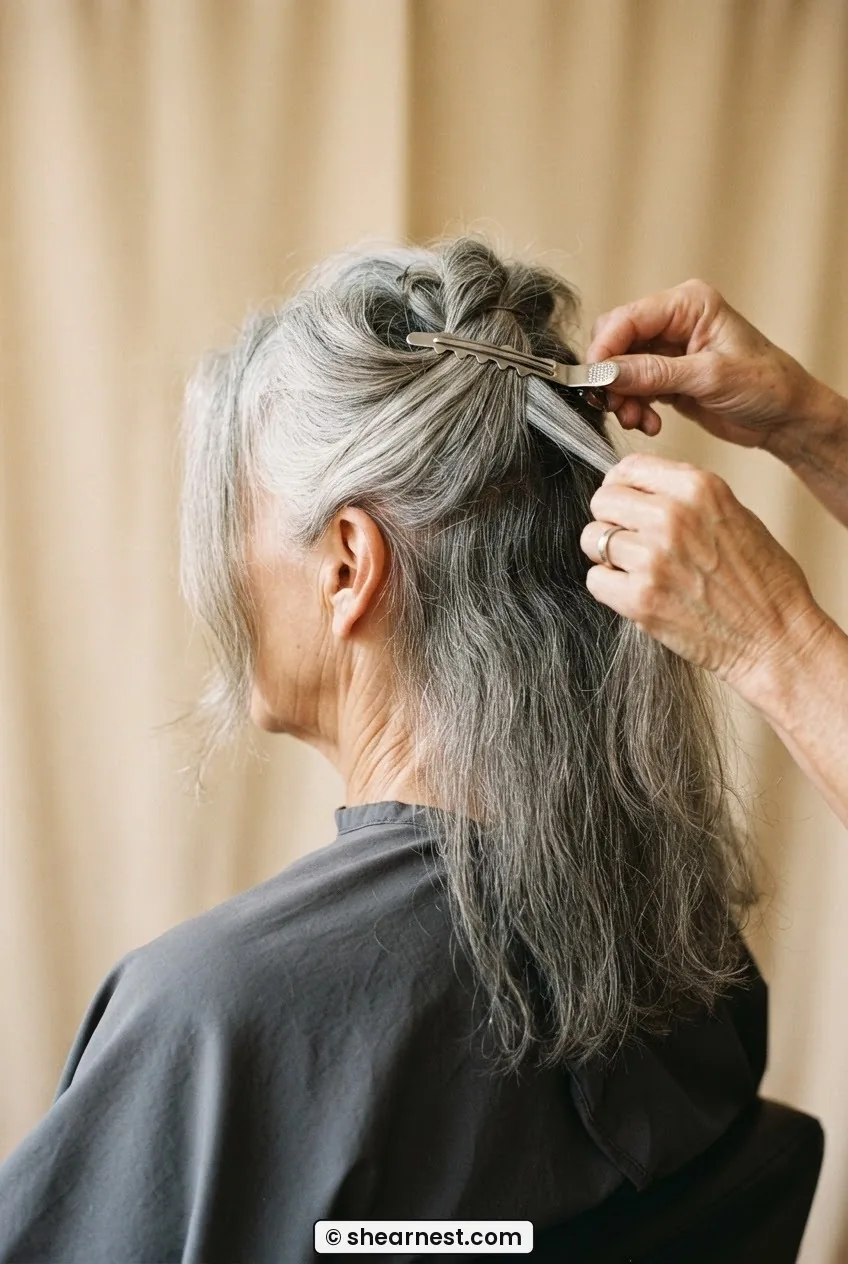 Rear view of woman with silver hair showing crown section clipped forward and back panel loose for sectioning