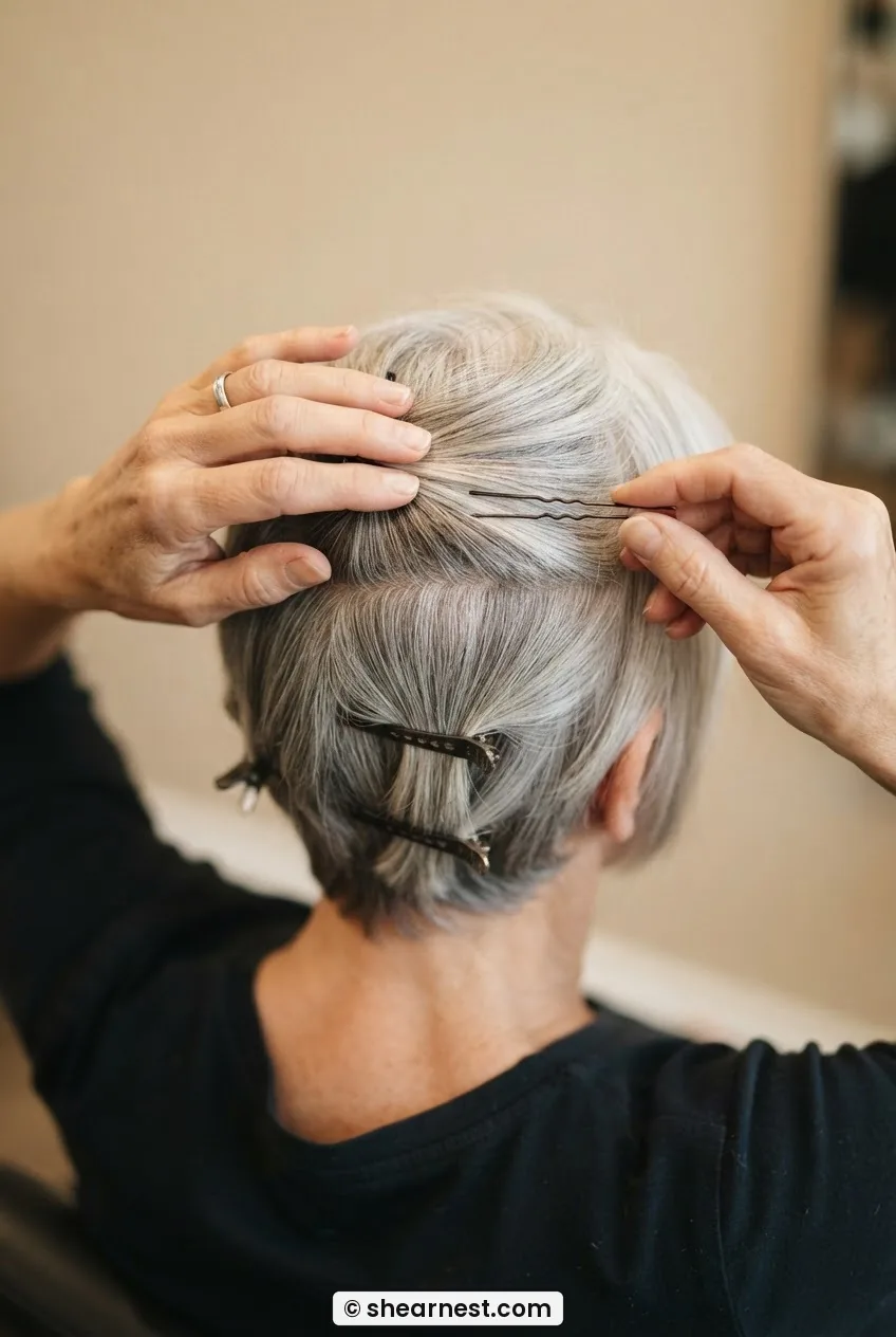 Overhead rear view of short silver hair divided into crown rows with tail comb, U-pin being placed horizontally