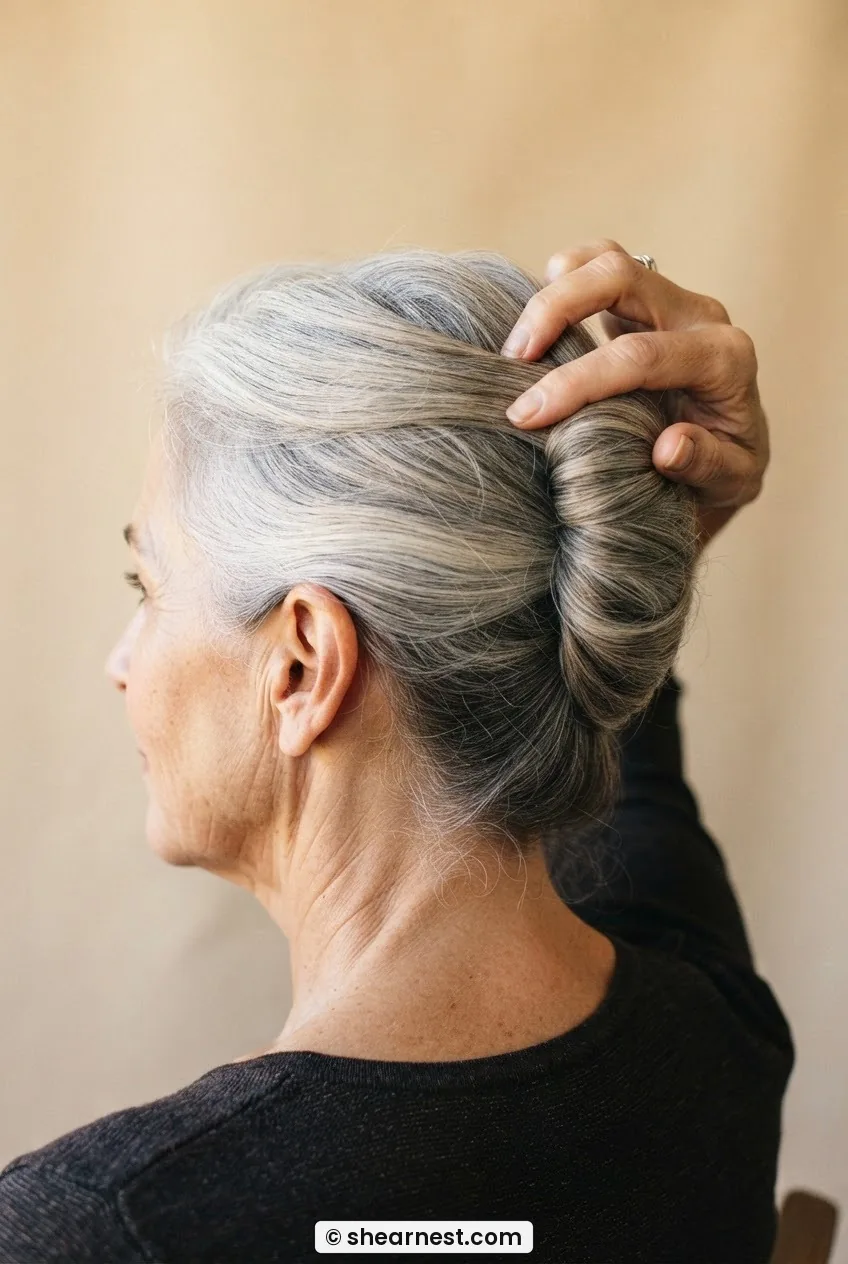 Near-profile view of silver-haired woman smoothing the crown section back and down into the top of the completed roll
