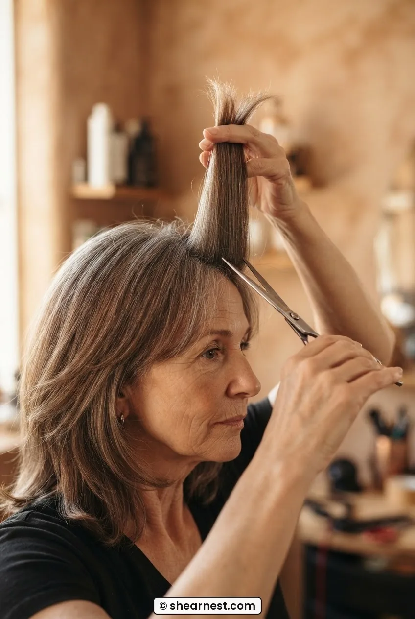 Crown hair section lifted vertically at 90 degrees for crown layering with face-framing pieces falling past cheekbone