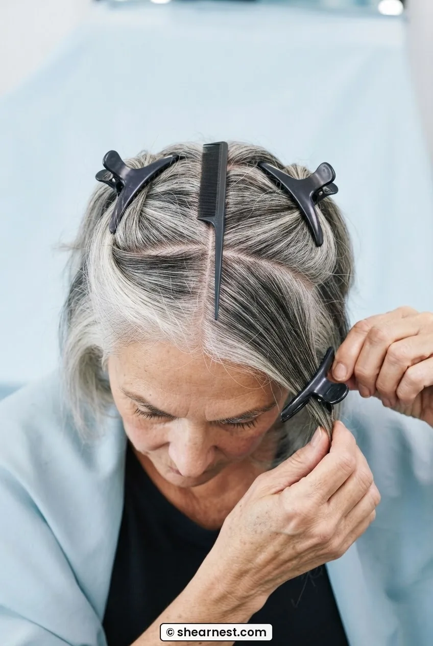 Top-down view of silver and dark hair sectioned into four quadrants with butterfly clips and tail comb visible