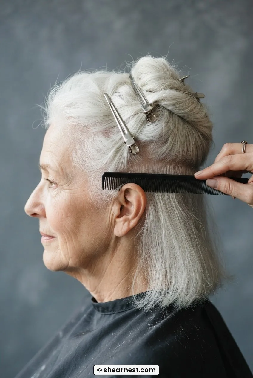 Fine white hair partially pinned with duckbill clips showing crown section up and nape section hanging free