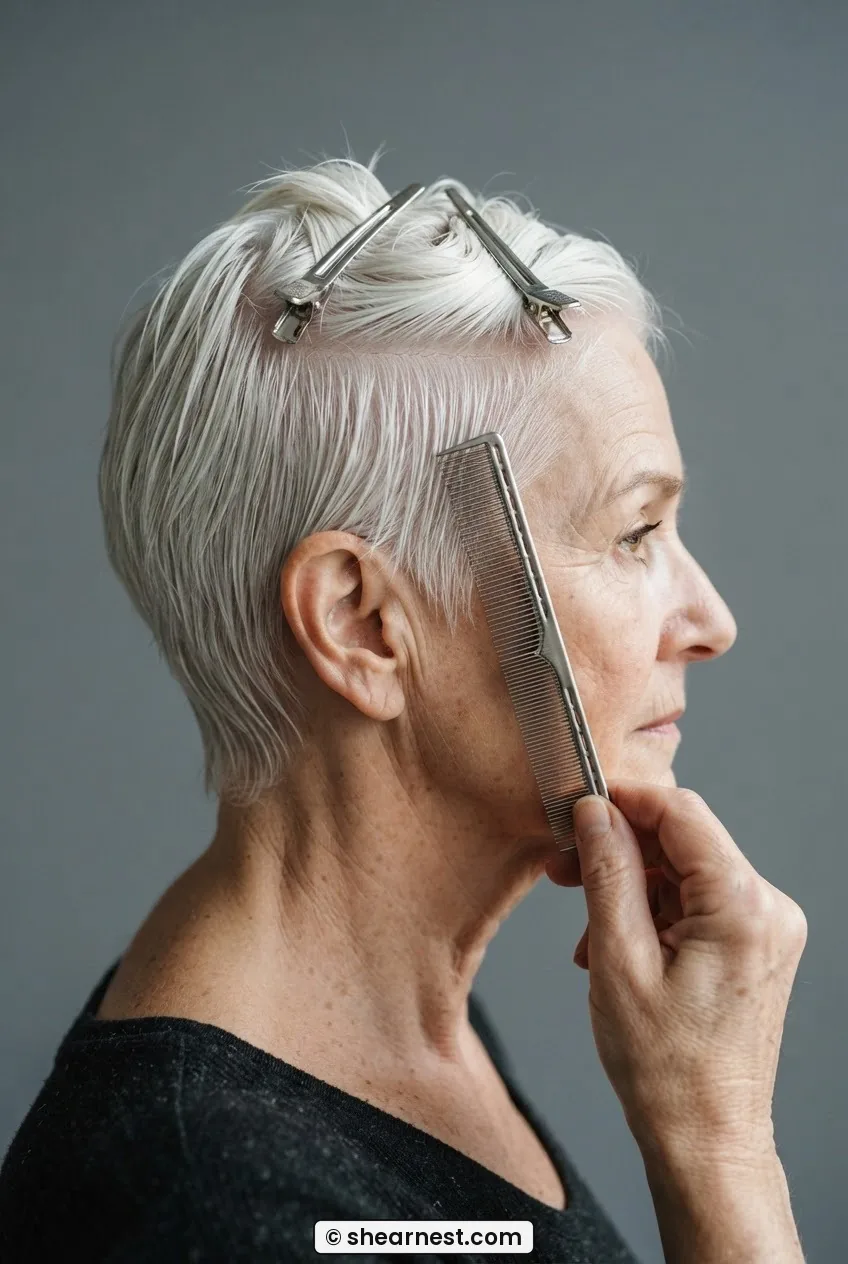 Hairdresser sectioning the crown of a white pixie cut using clips and a fine-tooth tail comb on an older woman