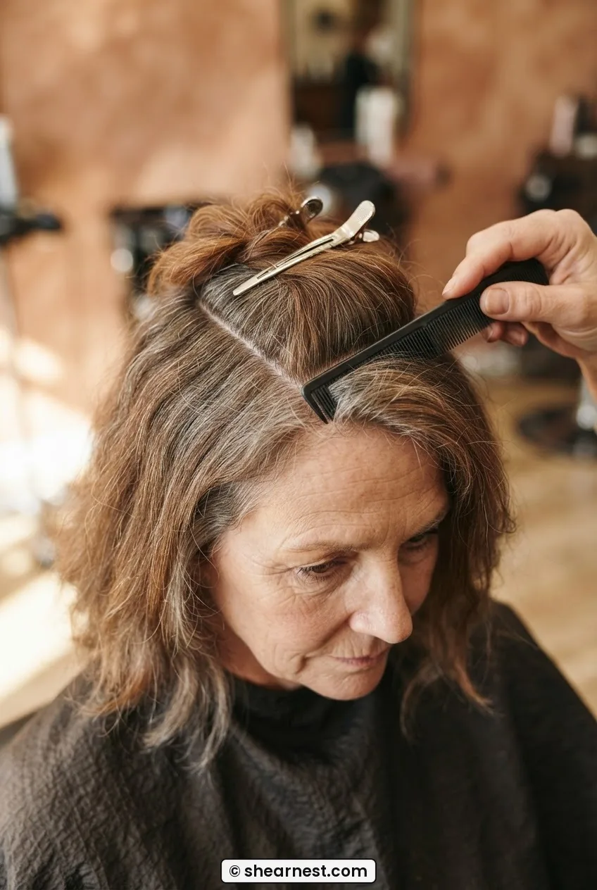 Overhead view of greying auburn hair with rat-tail comb creating horseshoe crown section held with duckbill clips