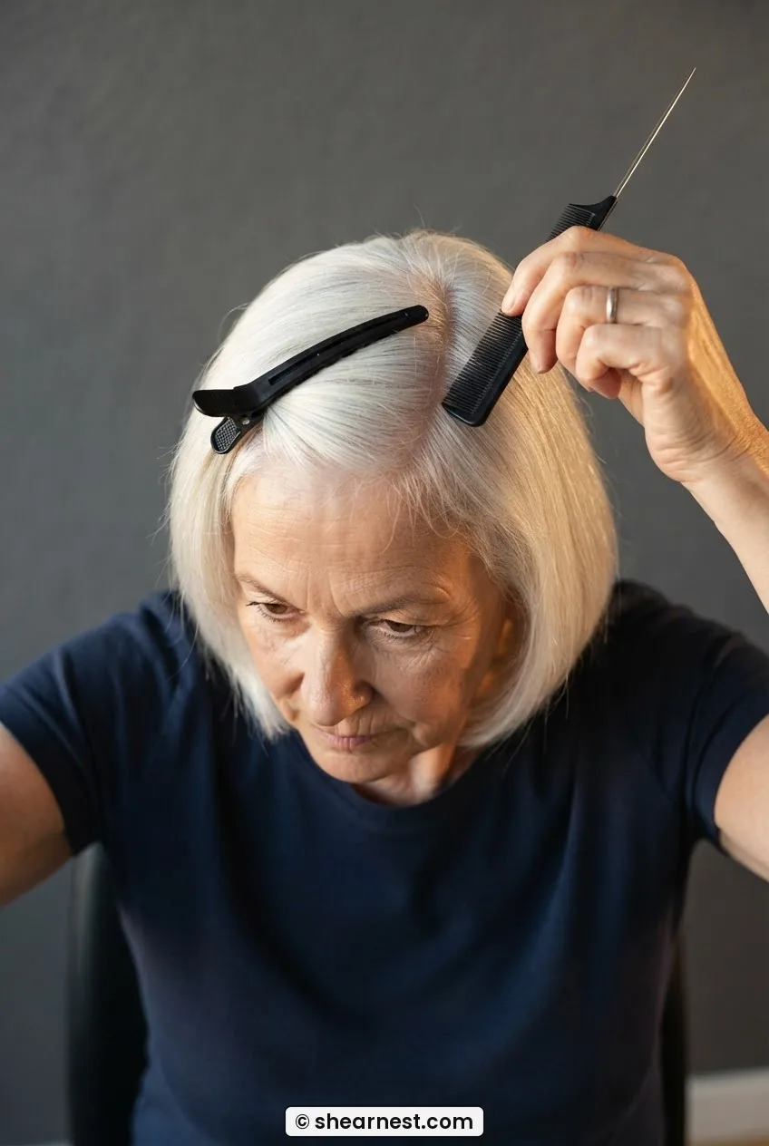 Overhead view of white hair being sectioned with rat-tail comb, front section clipped forward, back section separated