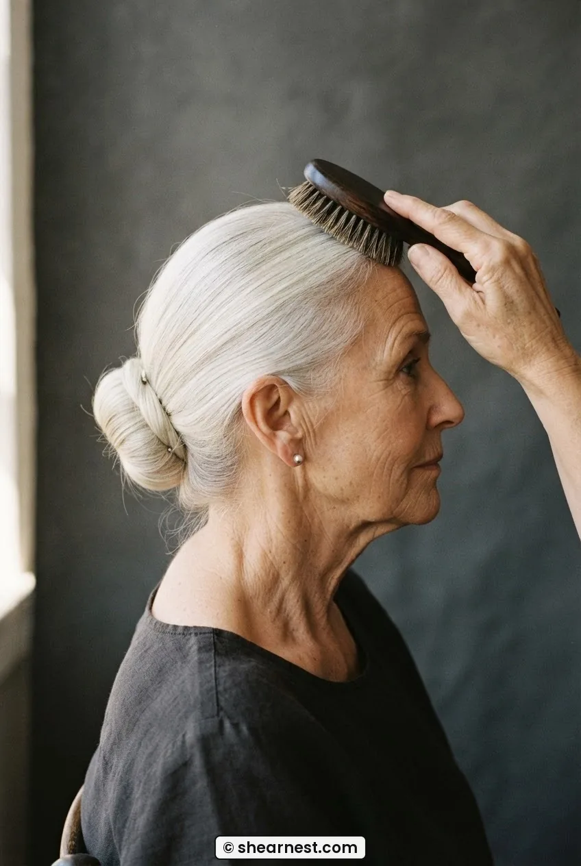 Profile view of 67-year-old woman with crown section being smoothed over a partially formed white hair chignon