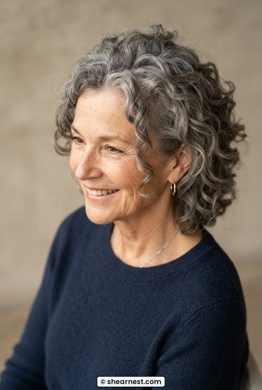 Overhead-angled view of a sixty-four-year-old woman with naturally curly grey hair cut with interior layers showing lifted crown and curl pattern