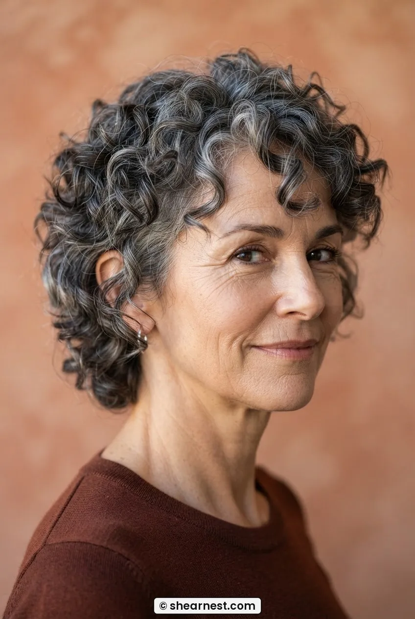Three quarter view of a woman over 50 with a curly pixie shag showing defined grey-threaded coils at multiple layer lengths