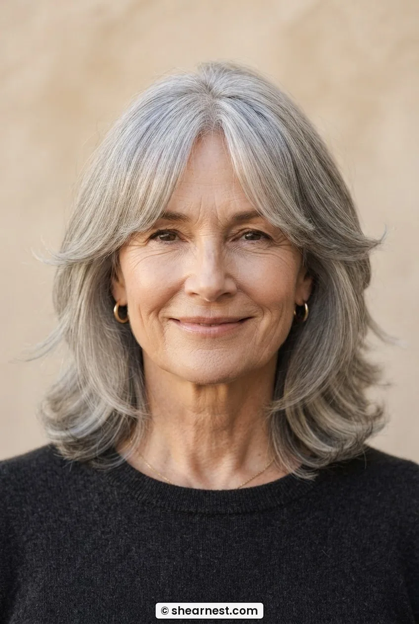 Woman with a long face wearing curtain bangs sweeping past the temples with collarbone-length grey layered hair in soft waves