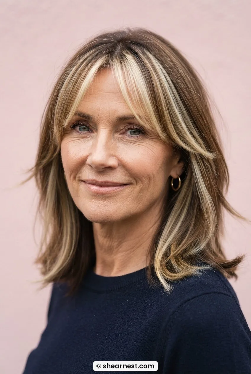 Woman with shoulder-length lob and curtain bangs featuring bright face-framing blonde foils through front sections from centre part
