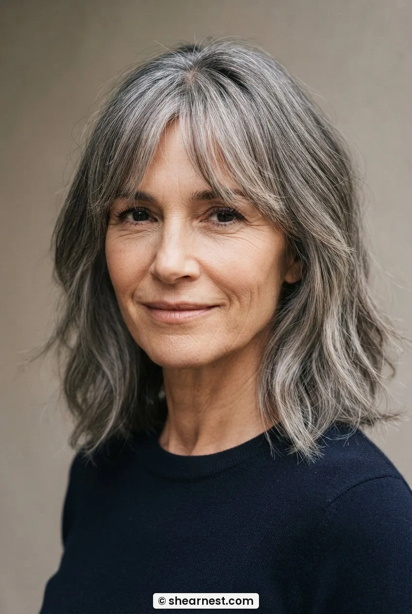 Front three-quarter view of woman with thick greying hair in a curtain-bang lob, bangs feathered at the centre part