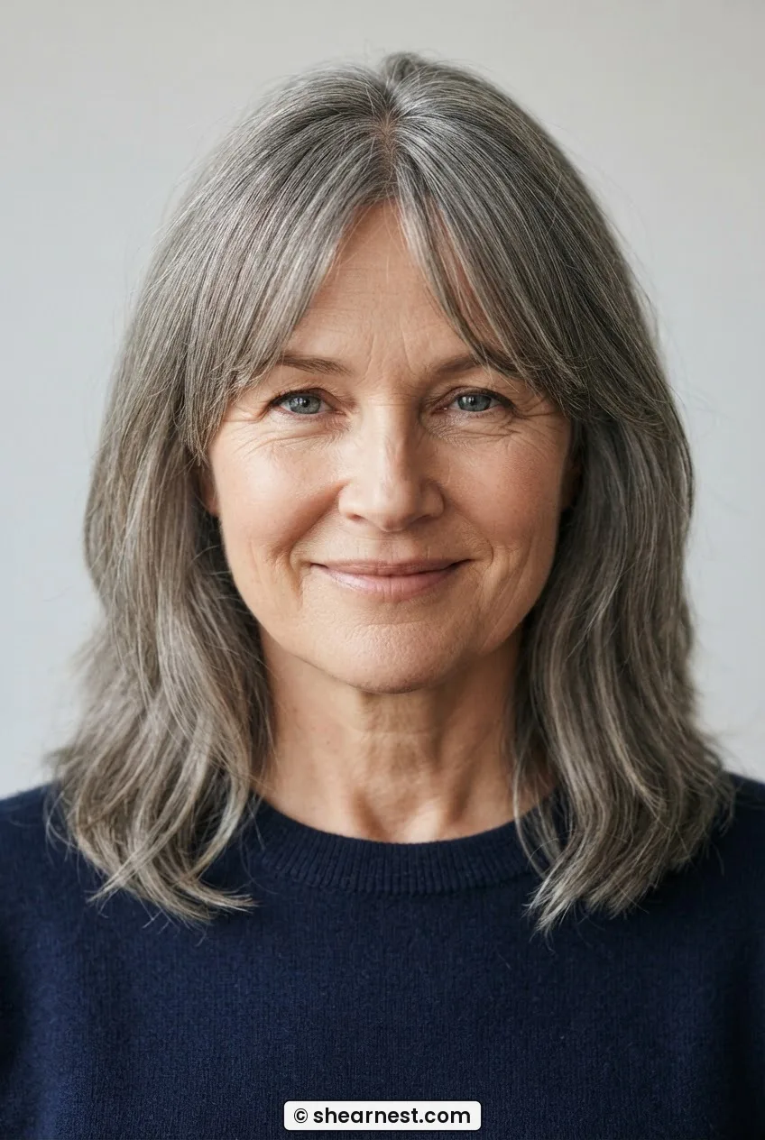 52-year-old woman with round face and long curtain bangs swept from centre part to collarbone-length grey hair