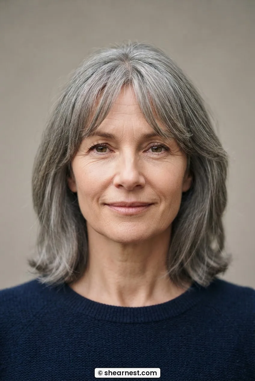 Woman over fifty with curtain bangs and greying mid-length haircut framing her oval face at the temples