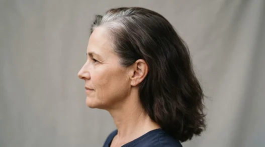 Side view of a woman in her fifties showing stark demarcation line between silver root regrowth and dark brown dyed lengths