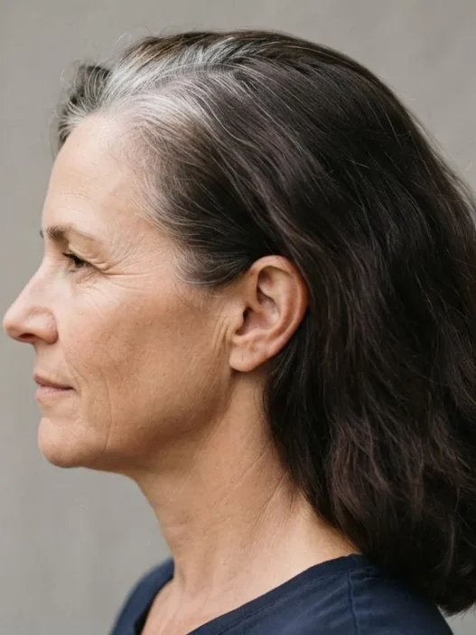 Side view of a woman in her fifties showing stark demarcation line between silver root regrowth and dark brown dyed lengths