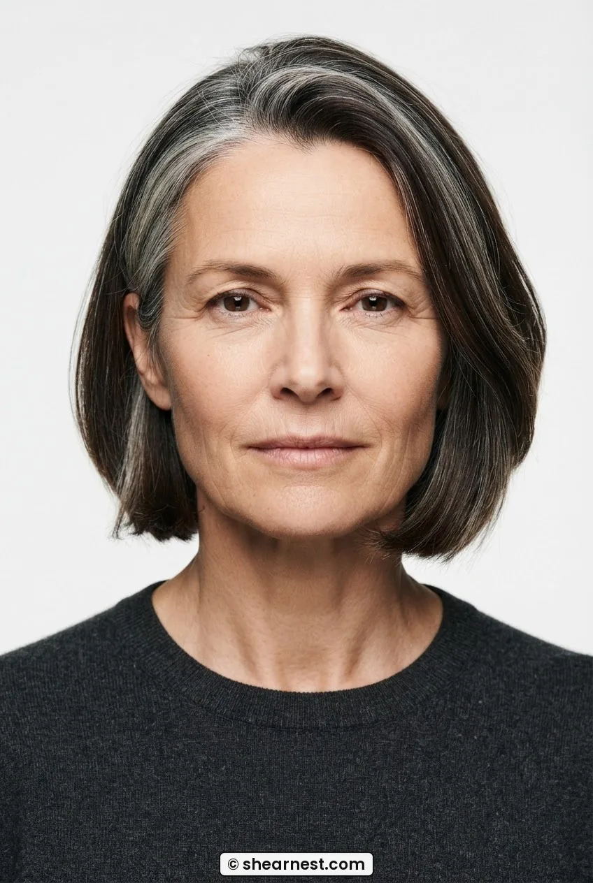 Front close-up of a 54-year-old woman with a blunt chin-length bob and prominent natural grey streaks