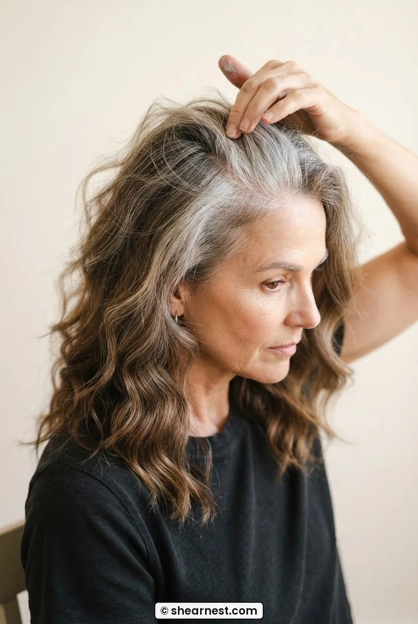 Side view above of a 53-year-old woman with day-two grey-brown transitioning hair showing natural root texture and mid-length waves