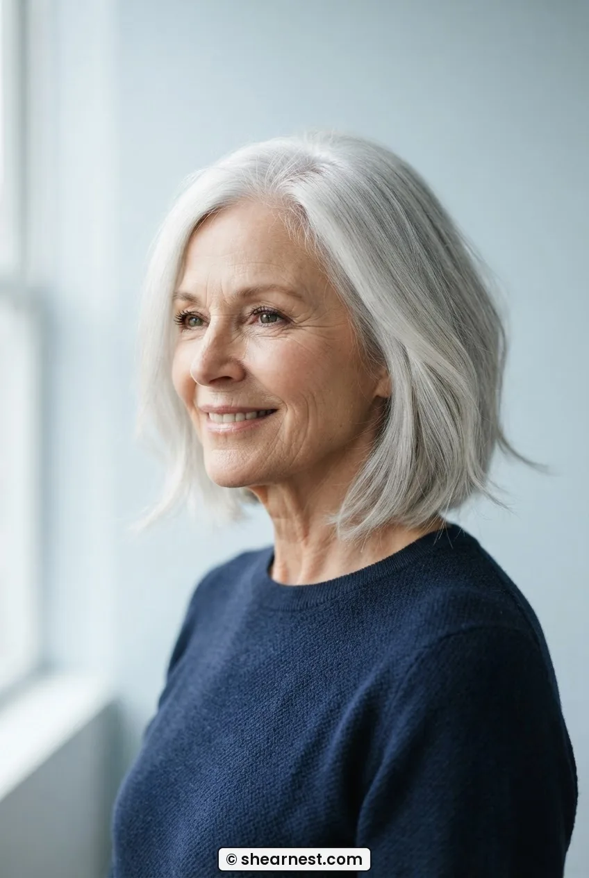 64-year-old woman with silver bob showing day-two texture and dimensional colour blend in documentary lighting