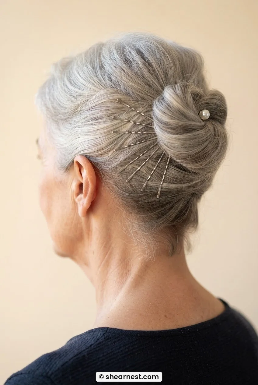 Close rear three-quarter view of silver hair with deliberate fan of bobby pins and pearl decorative pin at temple