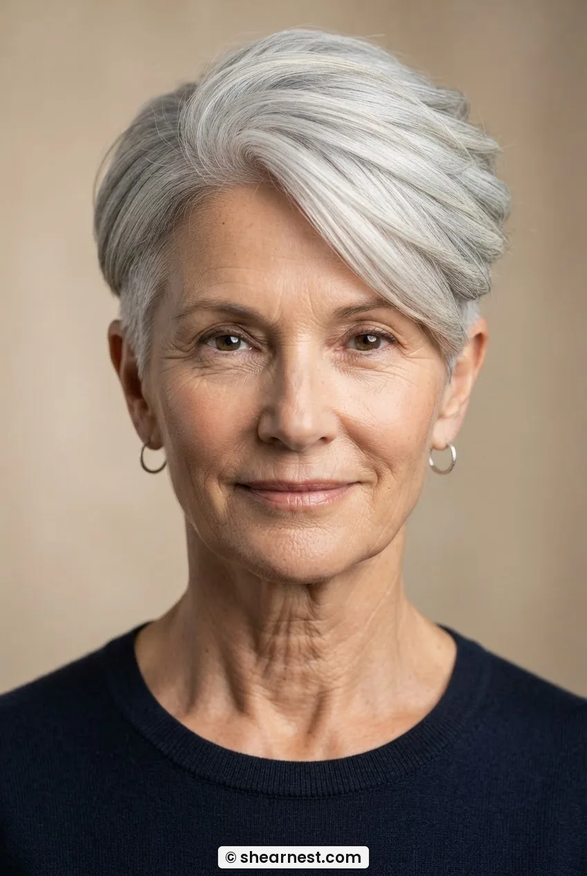 Woman with a long face wearing a deep-side-part pixie cut with silver hair swept across the crown and softly tapered sides