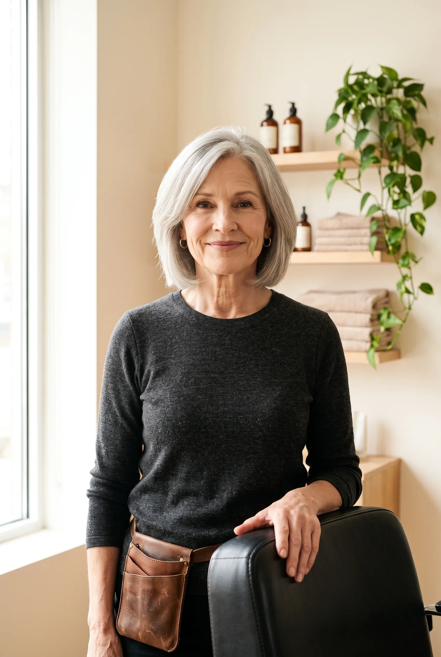 Delia Hartwell, stylist, standing beside a styling chair in her salon