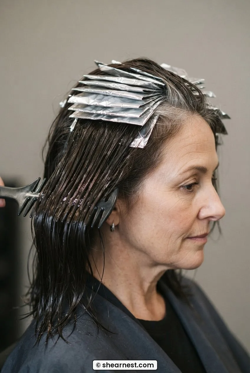 Wide-tooth comb pulling demi-permanent gloss through mid-length and ends beneath foil-wrapped root sections under flat light