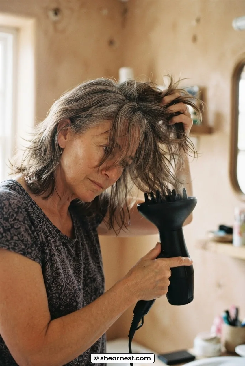 55-year-old woman diffusing hair from underneath with free hand scrunching roots to build volume in medium layers
