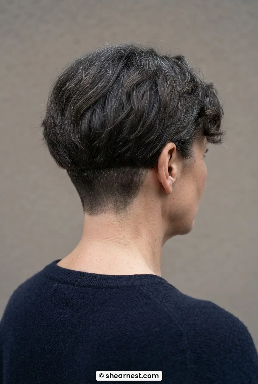 Rear three-quarter view of woman with thick grey disconnected bob showing contrast between close-cut underside and longer top