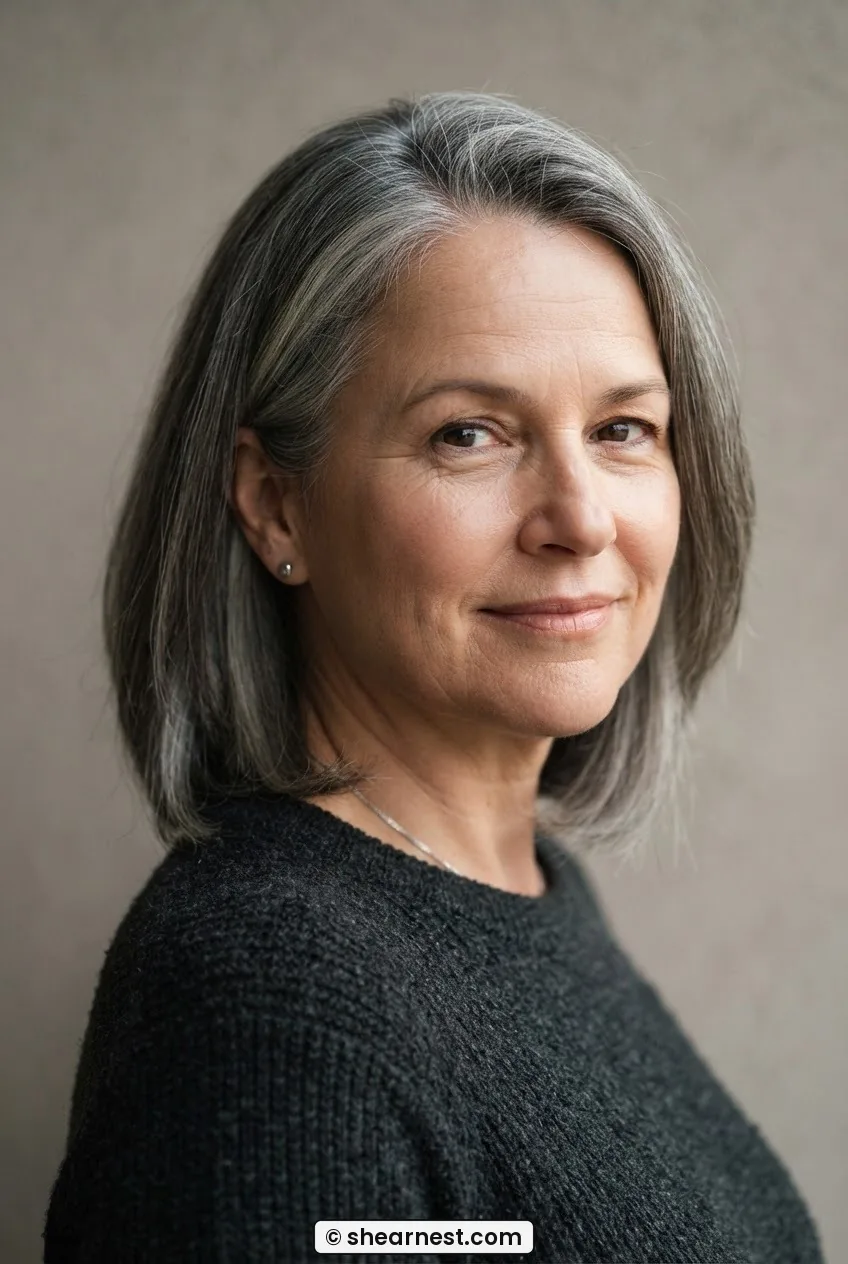 Woman over 50 with round face wearing a blunt disconnected lob showing weight held below chin level