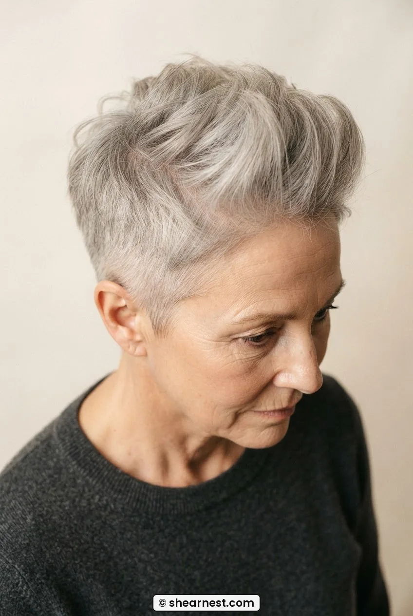 Angled top view of woman with fine ash grey hair in a disconnected pixie cut showing lifted crown length against close-cropped sides