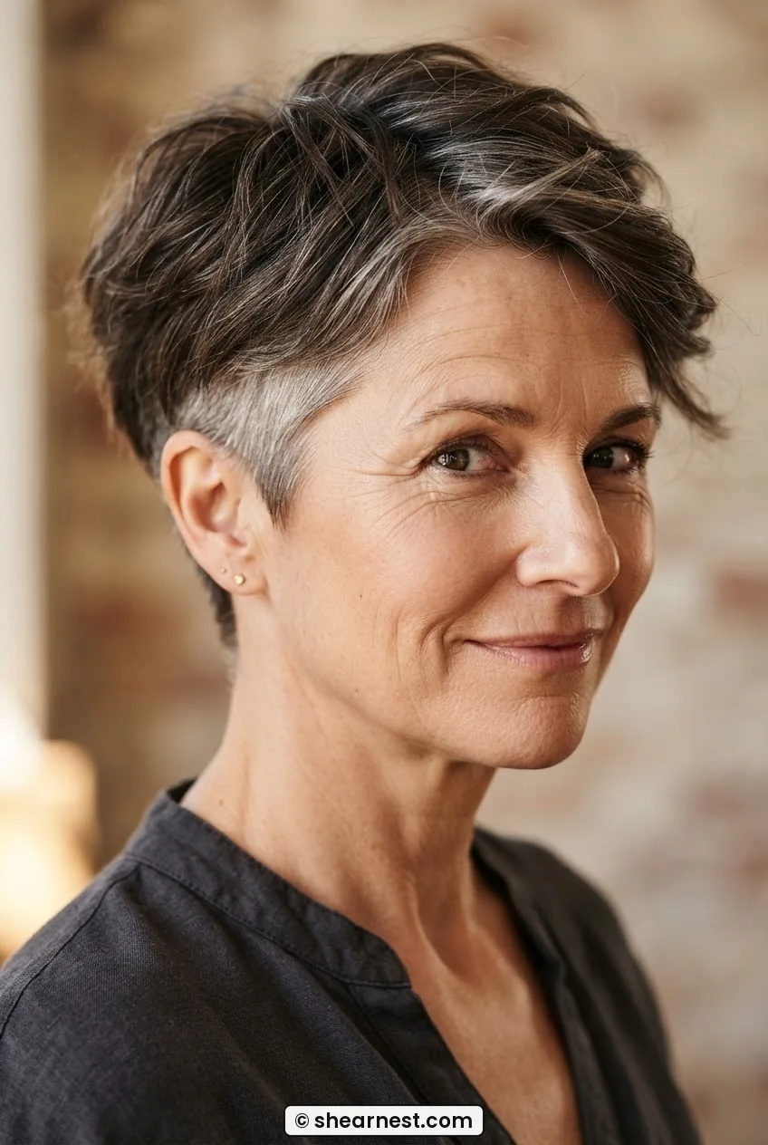 55-year-old woman with a classic disconnected pixie shag showing sharp separation between voluminous crown and close-cut sides