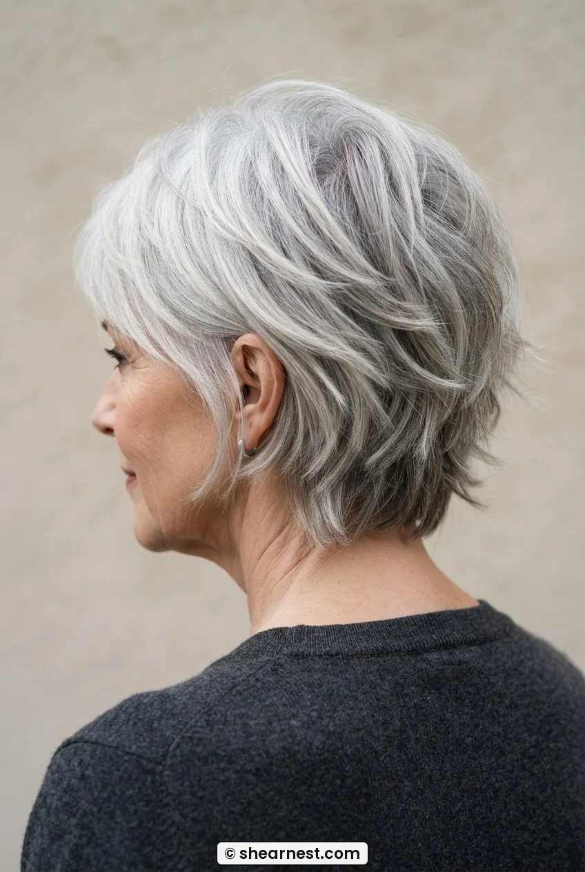 Silver-haired woman in a soft disconnected shag, distinct layer lengths visible through the mid-section in editorial lighting