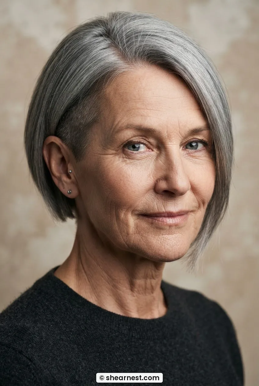 Three-quarter front view of a woman with a disconnected undercut bob in steel grey hair showing the blunt top panel over the close-cropped under-section