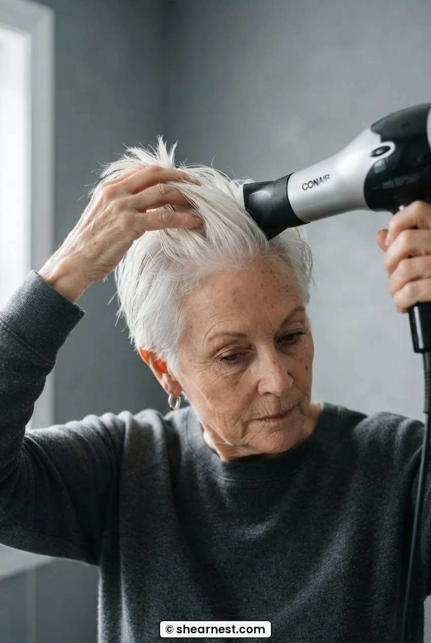 A hair dryer directed upward against the natural hair fall to lift the crown roots on a short white pixie