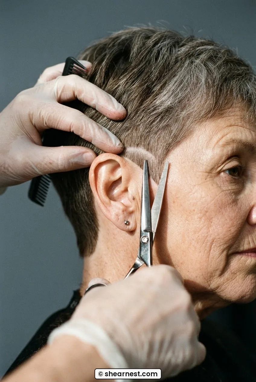 Stylist folding ear forward and trimming crescent arc hairline around ear with haircutting shears on fine white hair