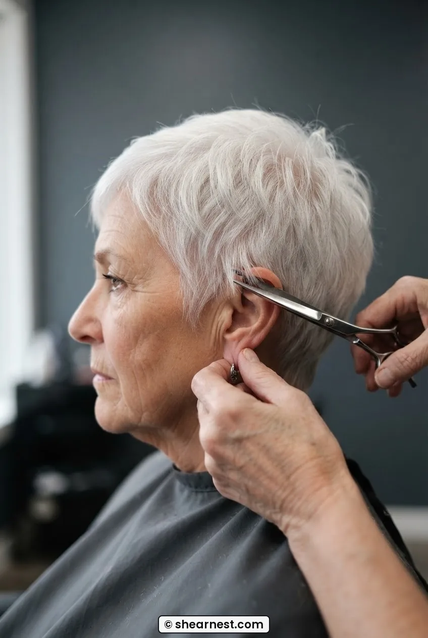 Close side view showing ear folded down while scissors trim the sideburn area at a downward angle