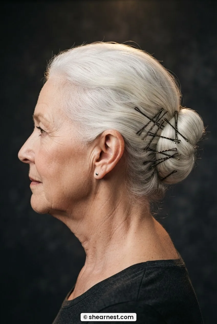 Direct side profile of seventy-year-old woman with white hair in an elastic-free pinned chignon with visible horizontal pins