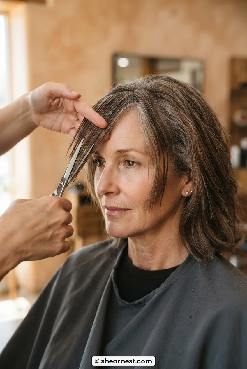 Haircutting shears angling through triangular front section showing face-framing curtain pieces being shaped