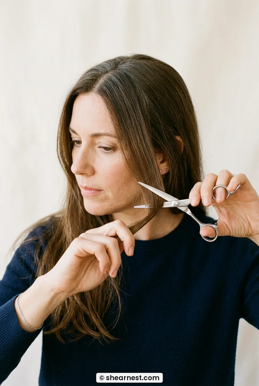 Woman holding a triangular face-framing section at the temple while diagonal scissors angle across the hair