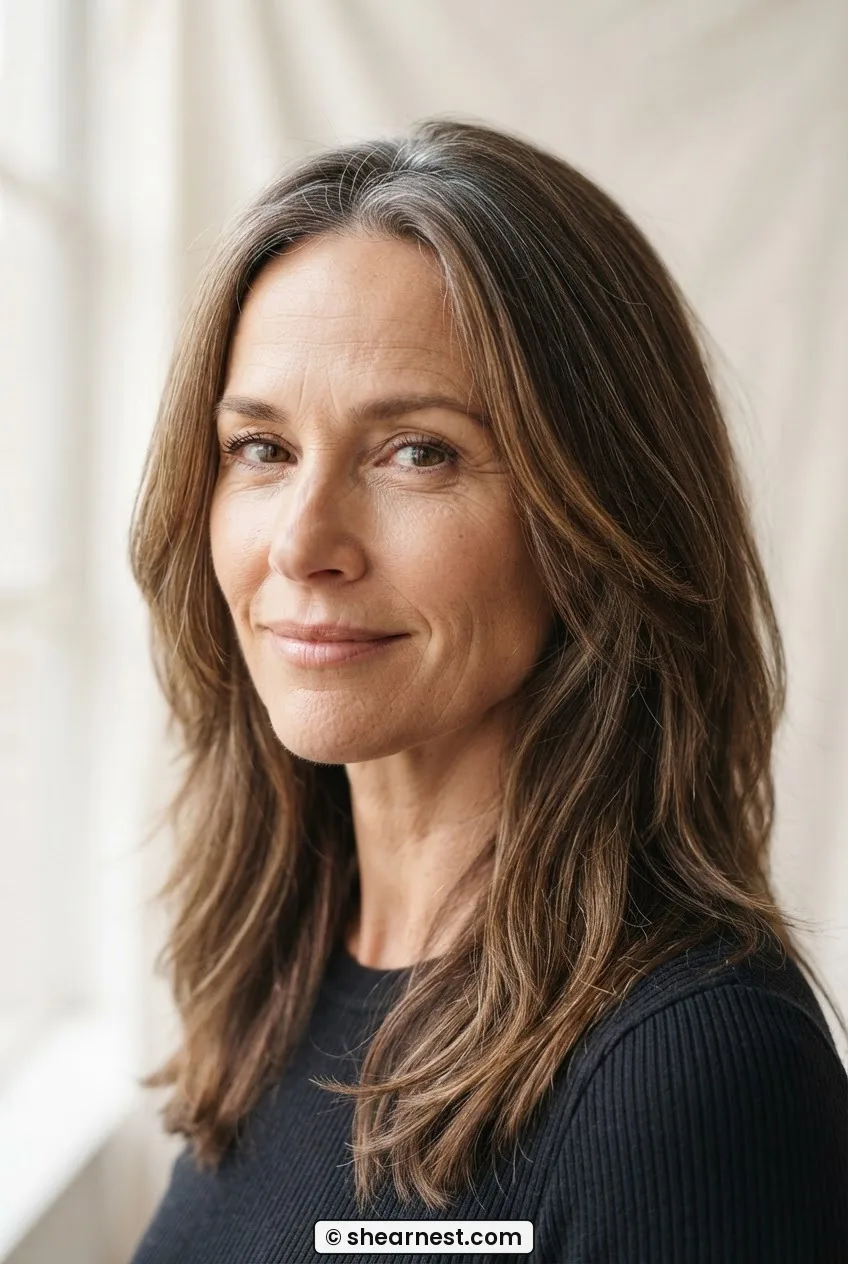 Three-quarter front view of a woman in her forties with long brown hair framing cheekbones, grey strands at crown, soft studio light