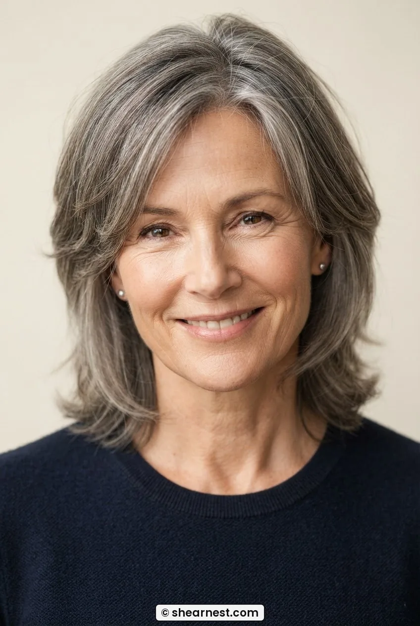 Slightly elevated angle showing face-framing layers near cheekbone on greying mid-length cut for oval face