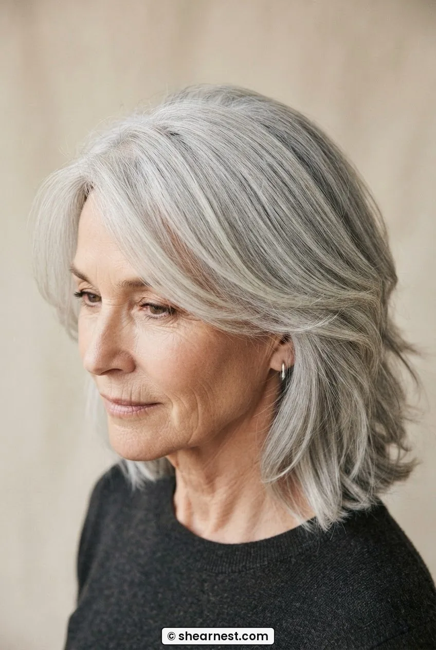 60-year-old woman with feathered collarbone lob, face-framing layers graduating to the cheekbone visible from the side