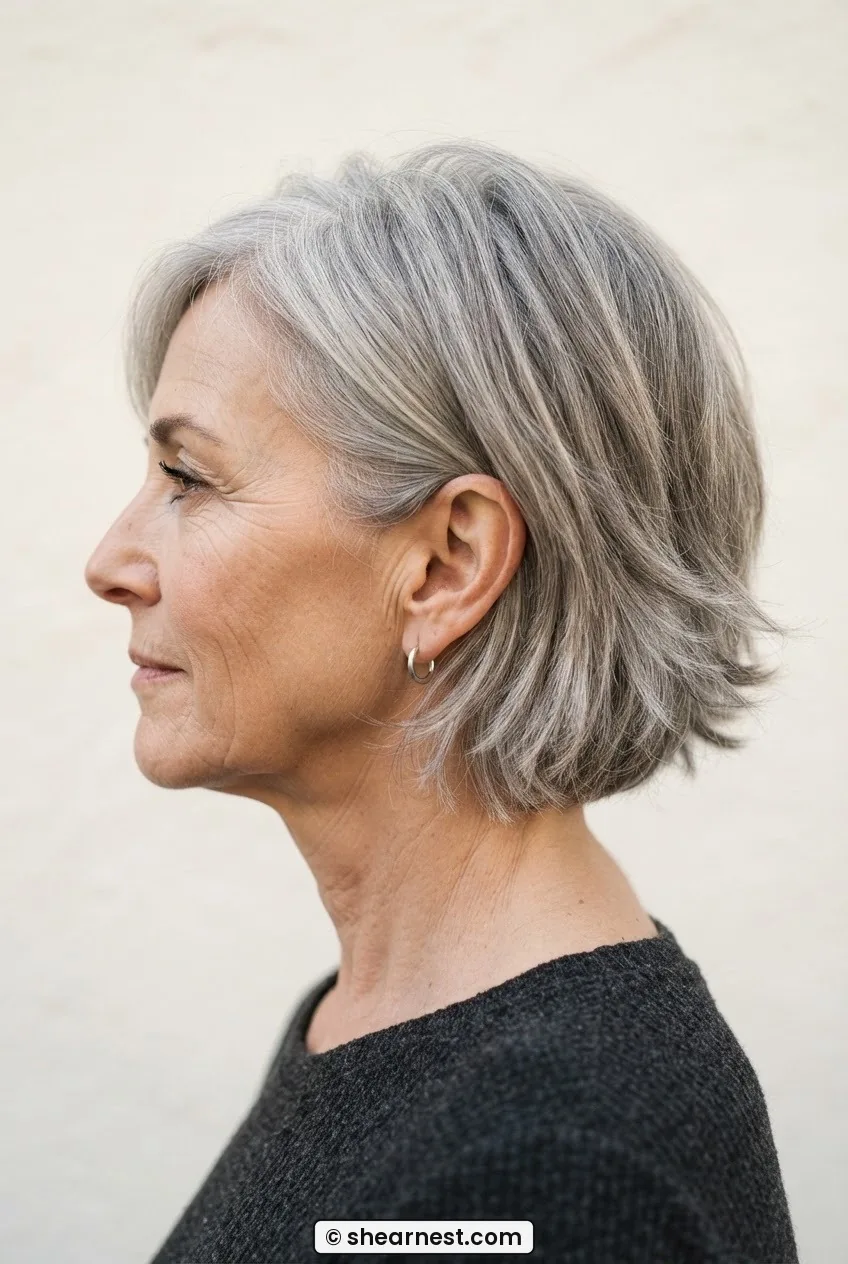 Side profile of woman with fine ash grey hair in a feathered bob-length shag with soft textured point-cut ends