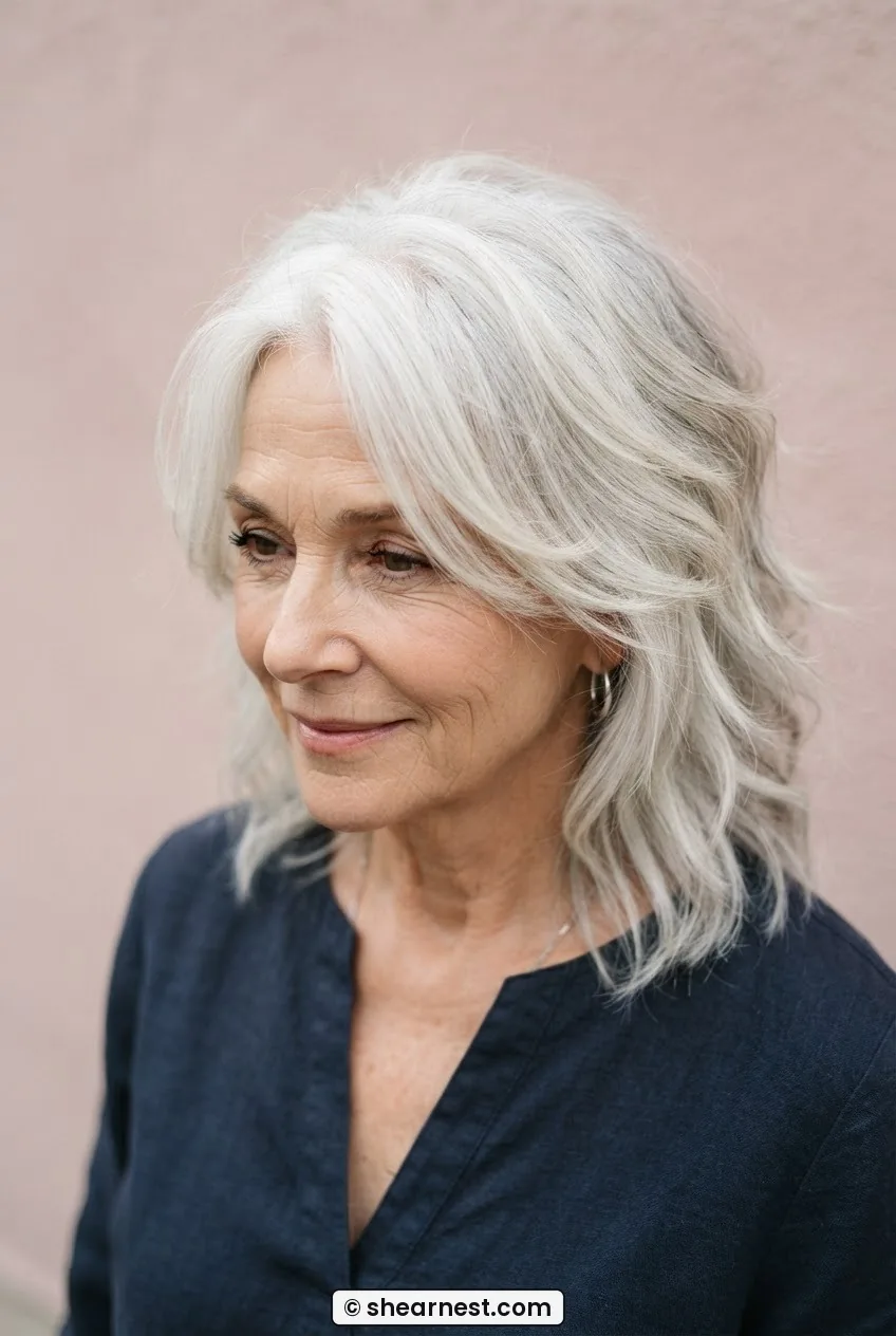Older woman with a feathered shag in thick silver hair, disconnected face-framing layers at cheekbone level with razored ends