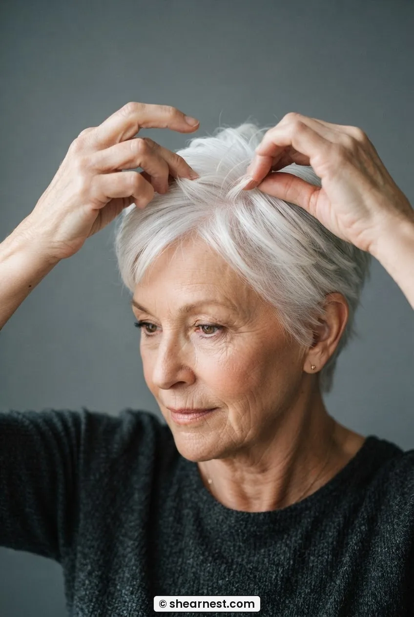 Fingertips piecing apart the dried crown sections of a white pixie cut for final texture and separation