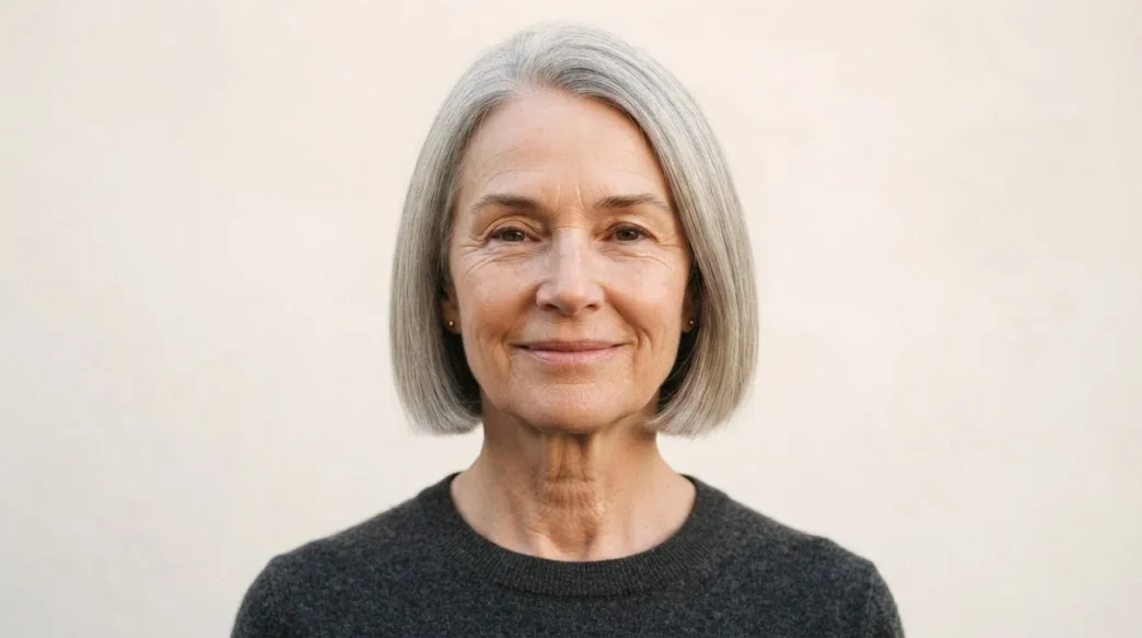Woman with fine ash grey hair in a polished blunt jaw-length bob against warm white backdrop with soft overhead light