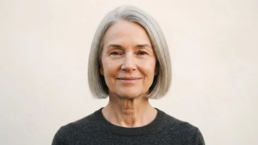 Woman with fine ash grey hair in a polished blunt jaw-length bob against warm white backdrop with soft overhead light