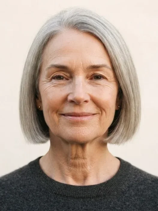 Woman with fine ash grey hair in a polished blunt jaw-length bob against warm white backdrop with soft overhead light